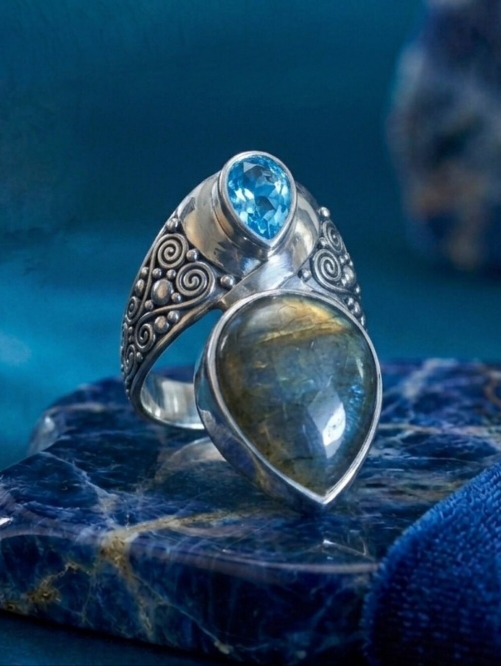 Sajen Silver Labradorite Swiss Blue Quartz Sterling Silver Ring 15.40 CTW 8.82 G